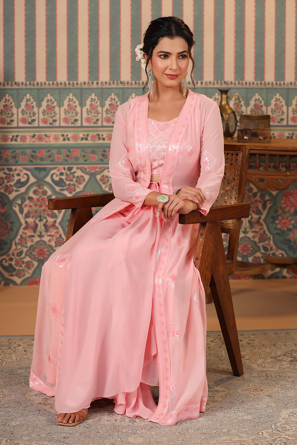 Pink Color Georgette Embroidered Crop-Top With Shrug & Skirt - Image 7