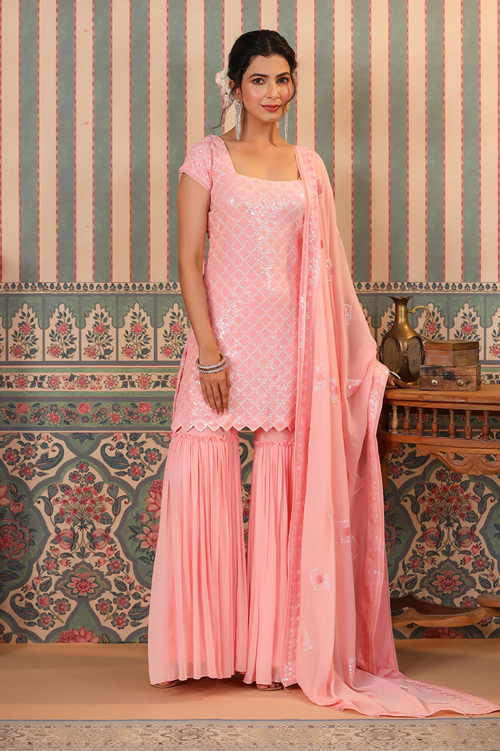 Pink Color Georgette Embroidered Gharara Suit - Image 3