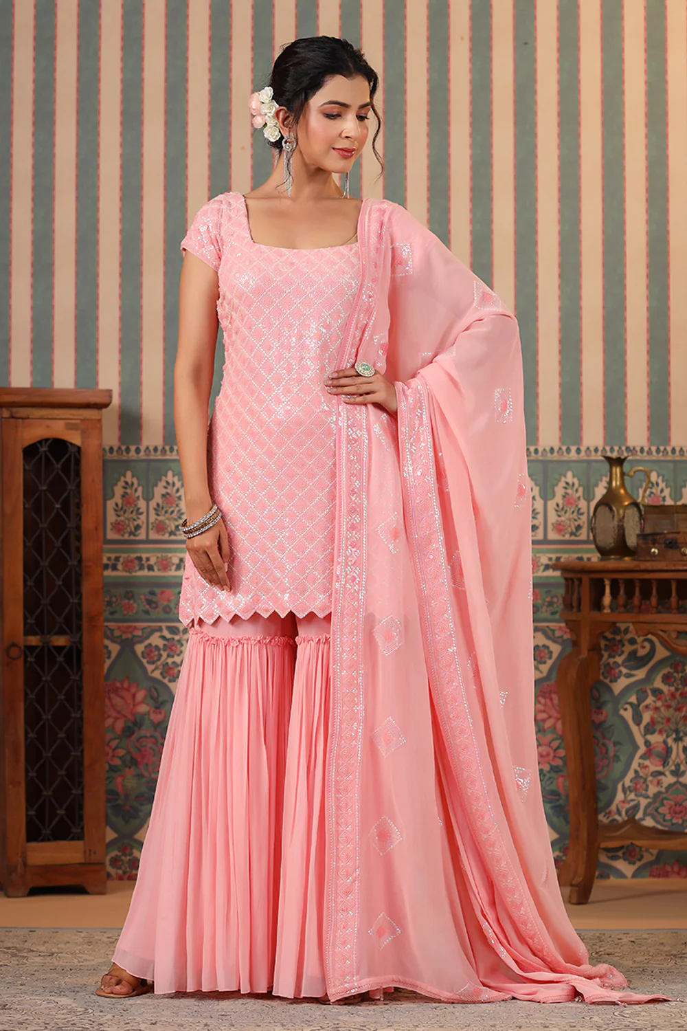 Pink Color Georgette Embroidered Gharara Suit - Image 4