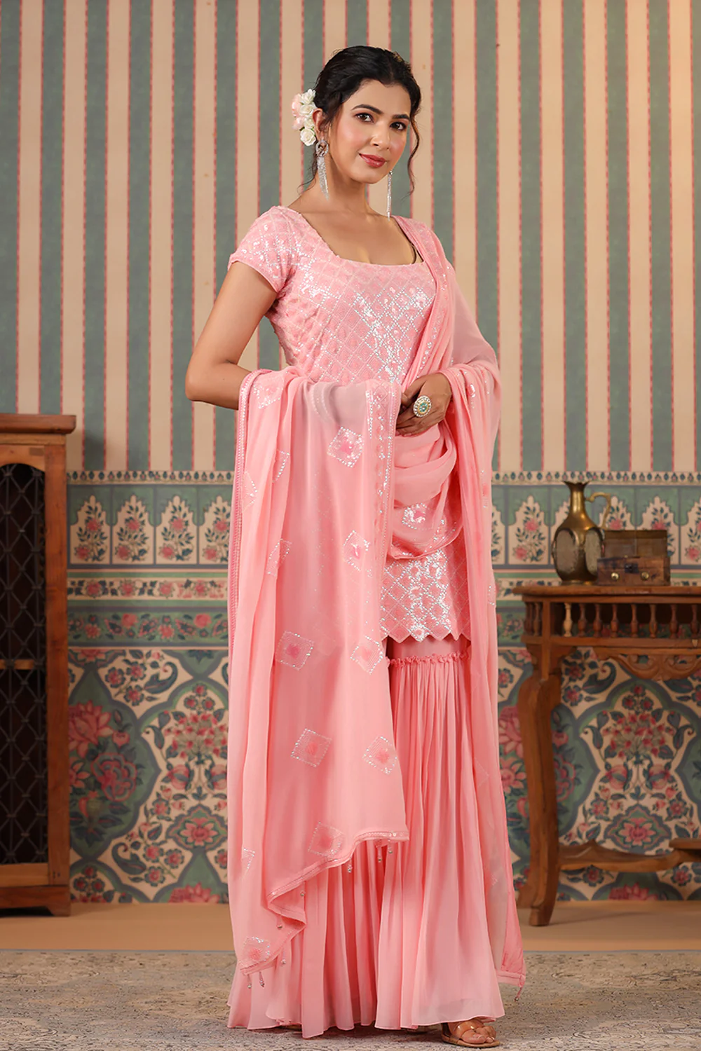 Pink Color Georgette Embroidered Gharara Suit - Image 6