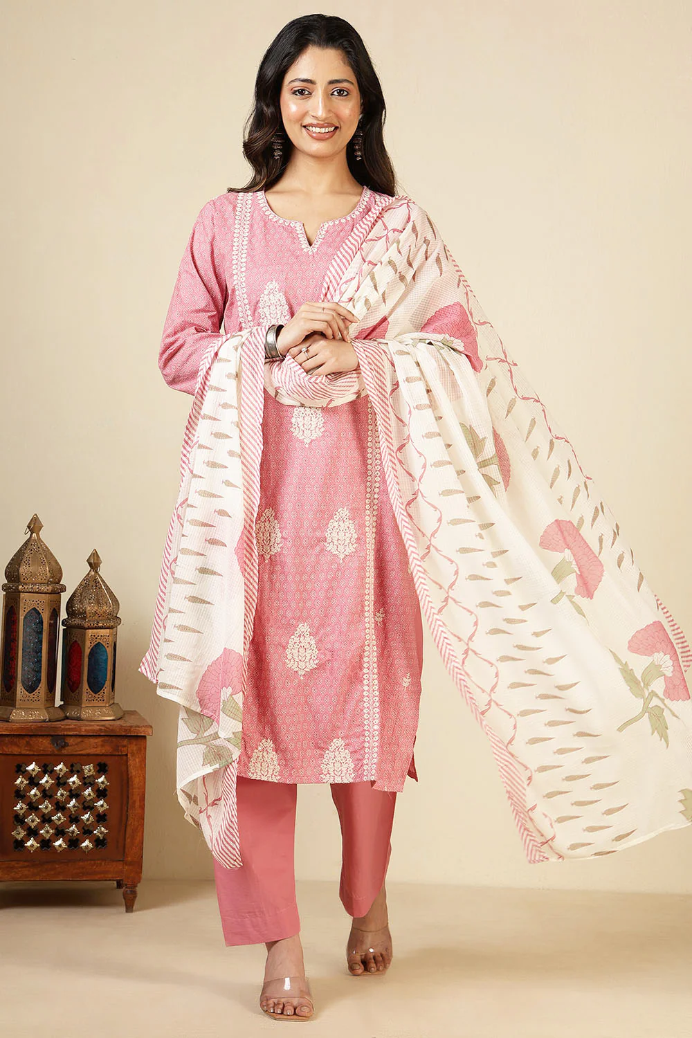 Pink Cotton Emboridered And Printed Suit Set - Image 4