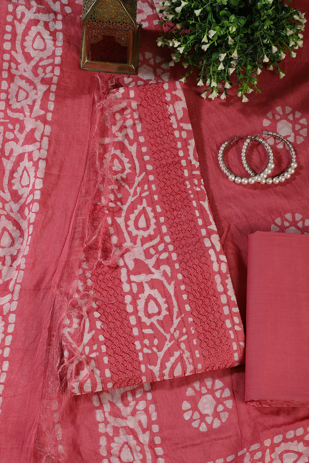 Pink Cotton Printed And Resham Embroidered Unstitched Suit Material - Image 2