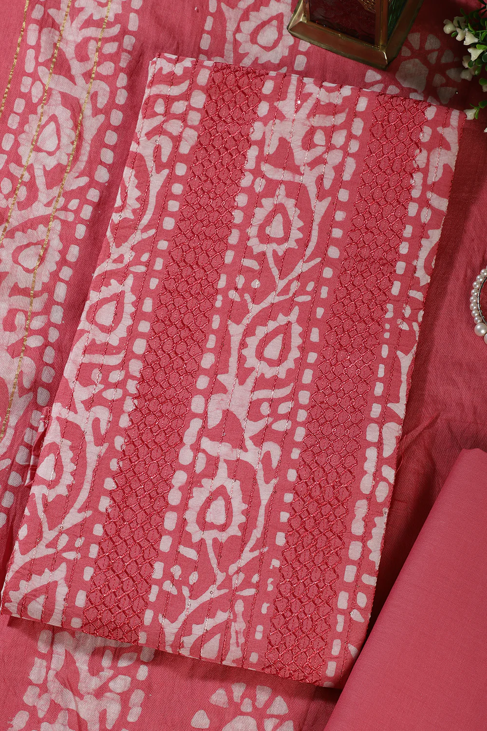 Pink Cotton Printed And Resham Embroidered Unstitched Suit Material - Image 3