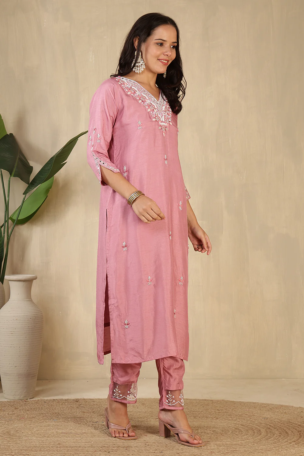 Pink Neck Embroidered Silk Suit - Image 3