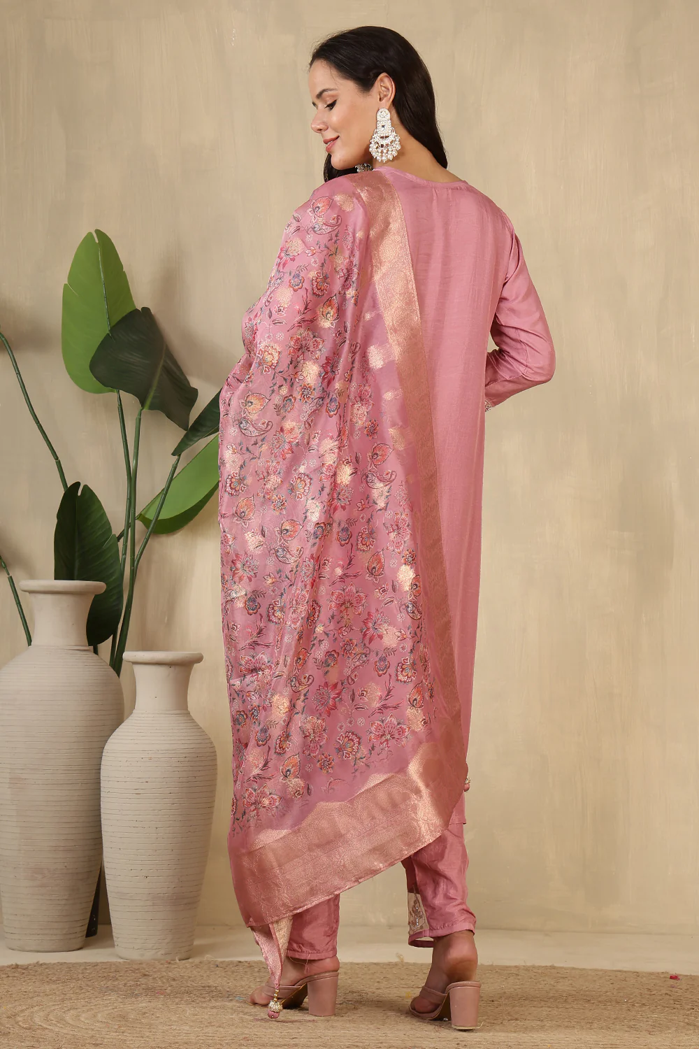 Pink Neck Embroidered Silk Suit - Image 4