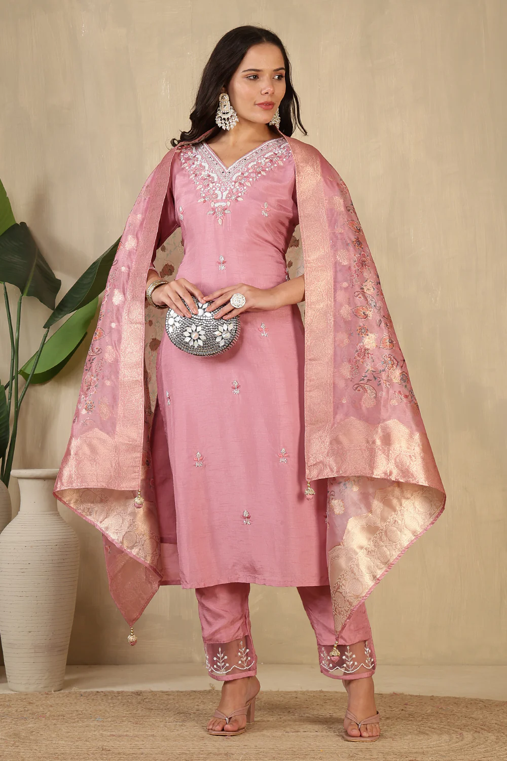 Pink Neck Embroidered Silk Suit - Image 5