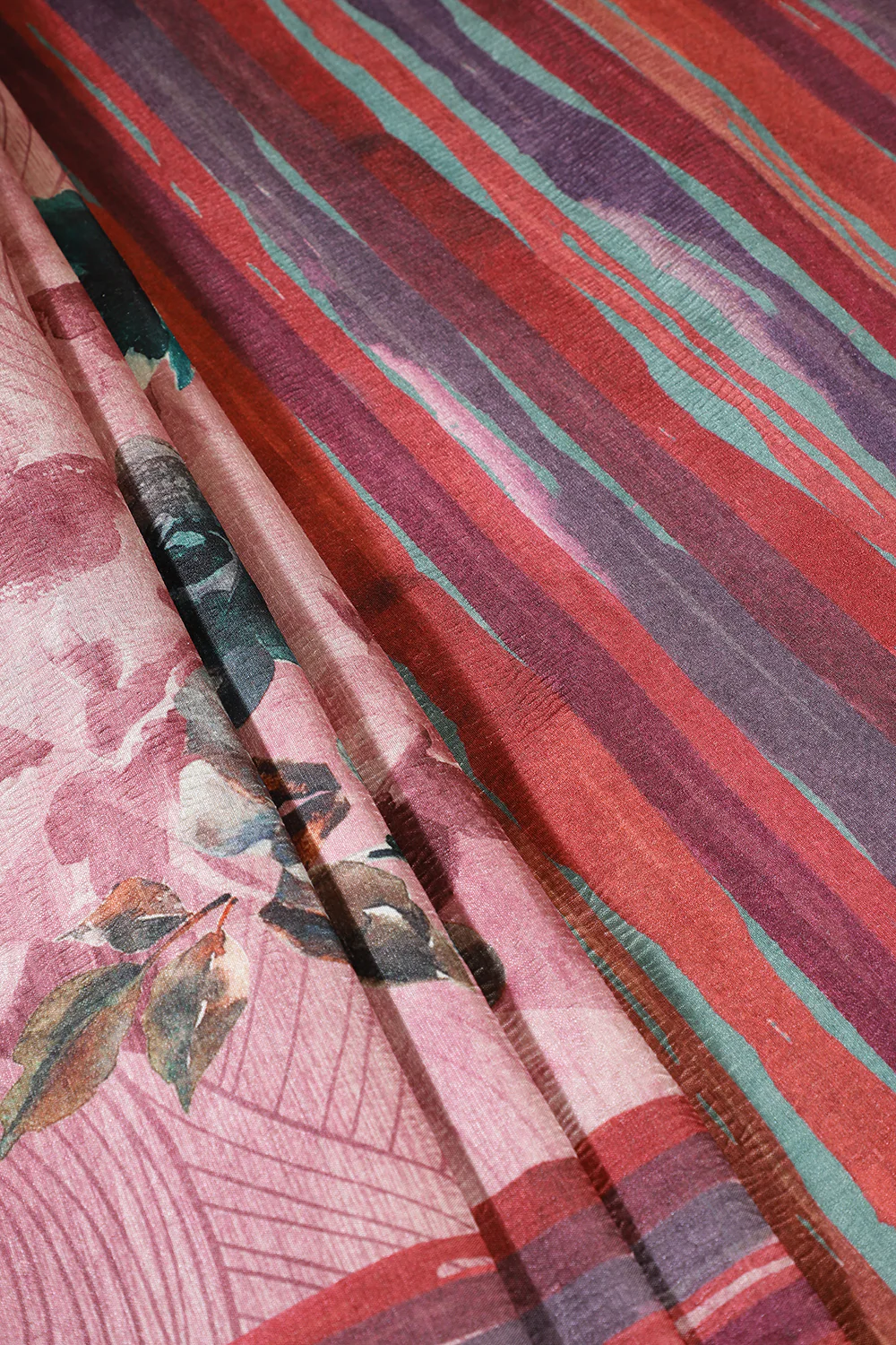 Pink Printed Tussar Silk Saree - Image 3