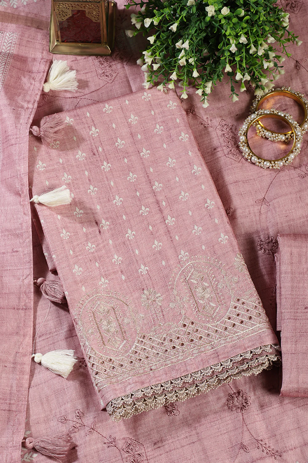 Pink Tussar Cotton Printed And Reham Embroidered Unstiched Suit Material - Image 3