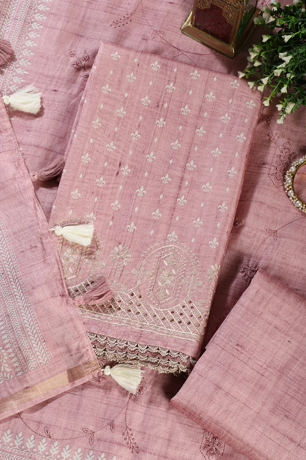 Pink Tussar Cotton Printed And Reham Embroidered Unstiched Suit Material - Image 4