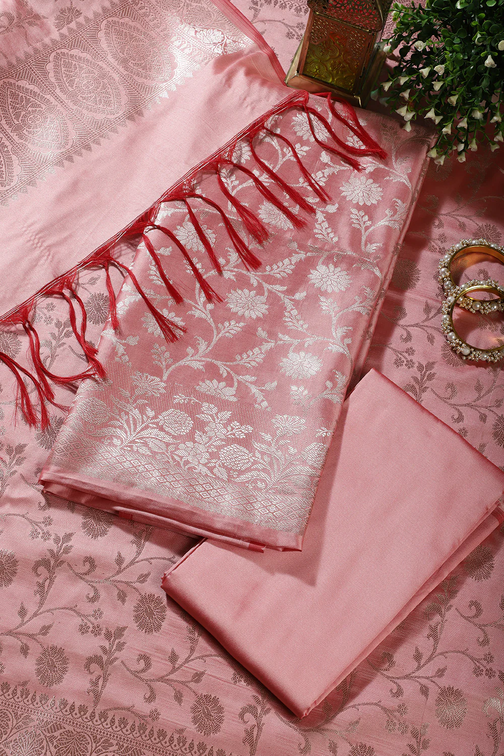 Pink Zari Floral Woven Silk Unstitched Suit Fabric - Image 2