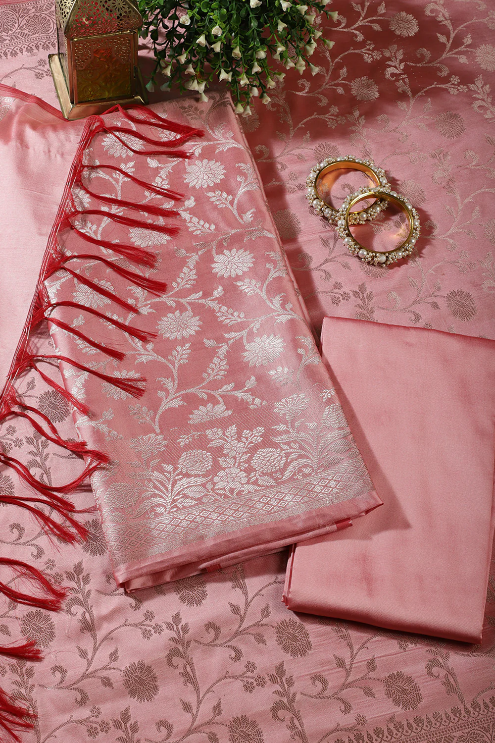Pink Zari Floral Woven Silk Unstitched Suit Fabric - Image 3