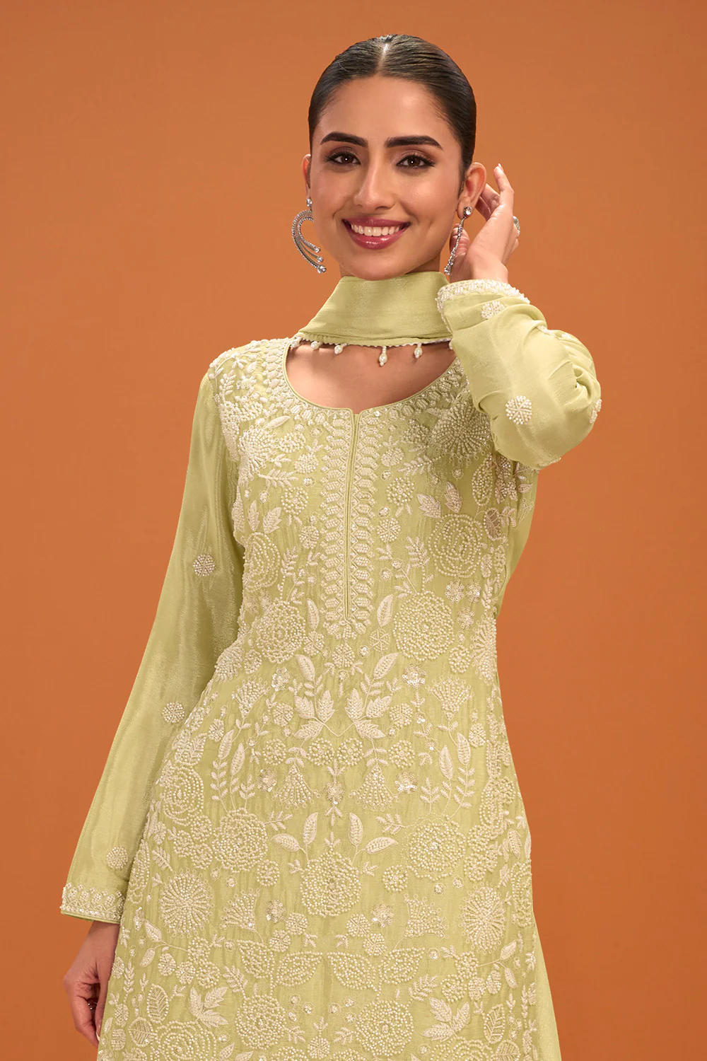 Pista Green Crepe Silk Cut-Dana and Resham Embroidered Suit with Palazzo - Image 2