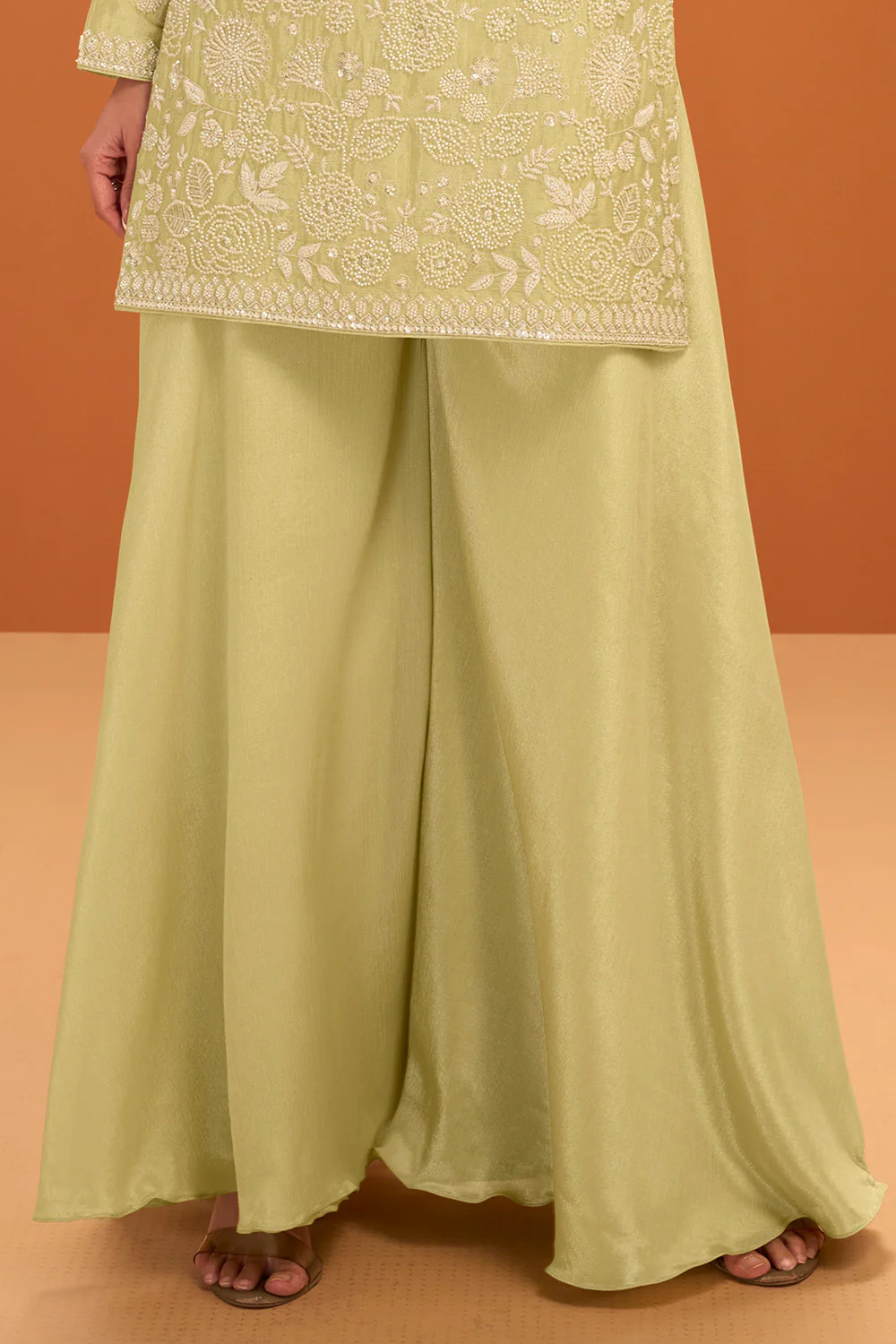 Pista Green Crepe Silk Cut-Dana and Resham Embroidered Suit with Palazzo - Image 3