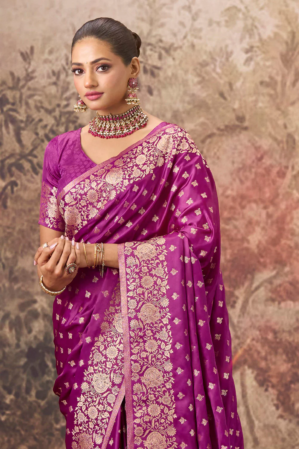 Purple Charmeuse Silk Zari Woven Saree - Image 2