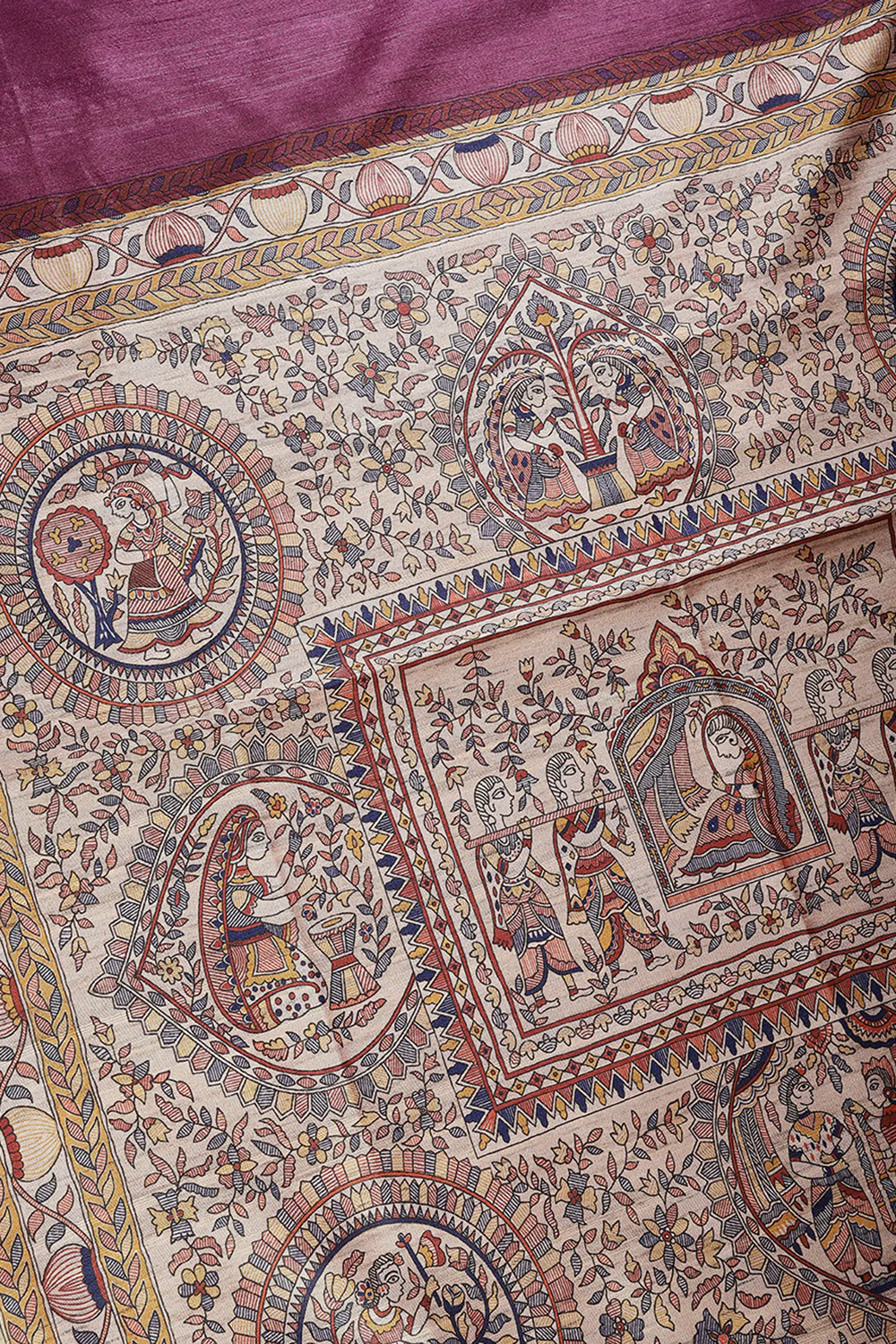 Purple Color Cotton Silk Madhubani Print Saree - Image 3