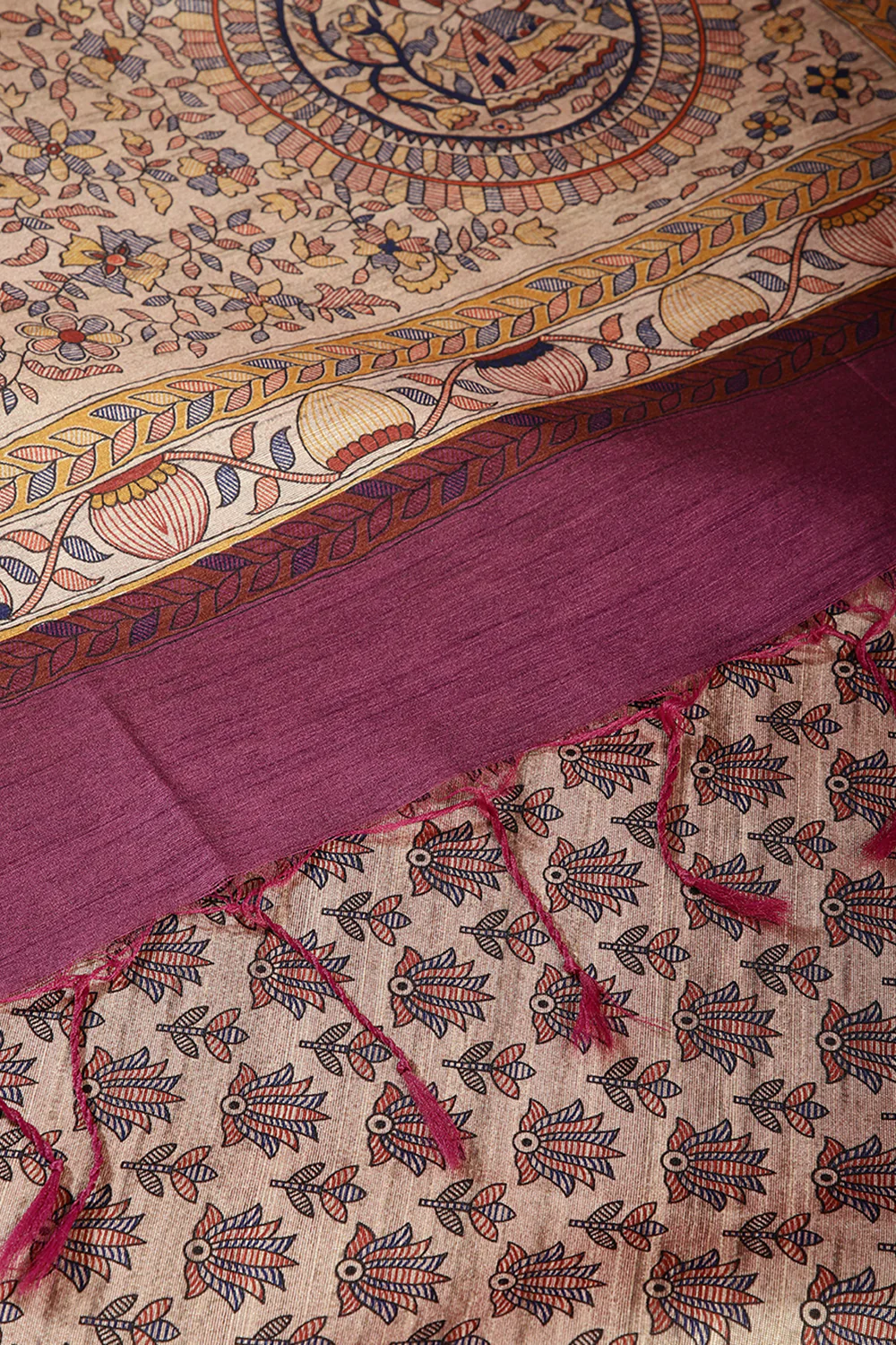 Purple Color Cotton Silk Madhubani Print Saree - Image 4