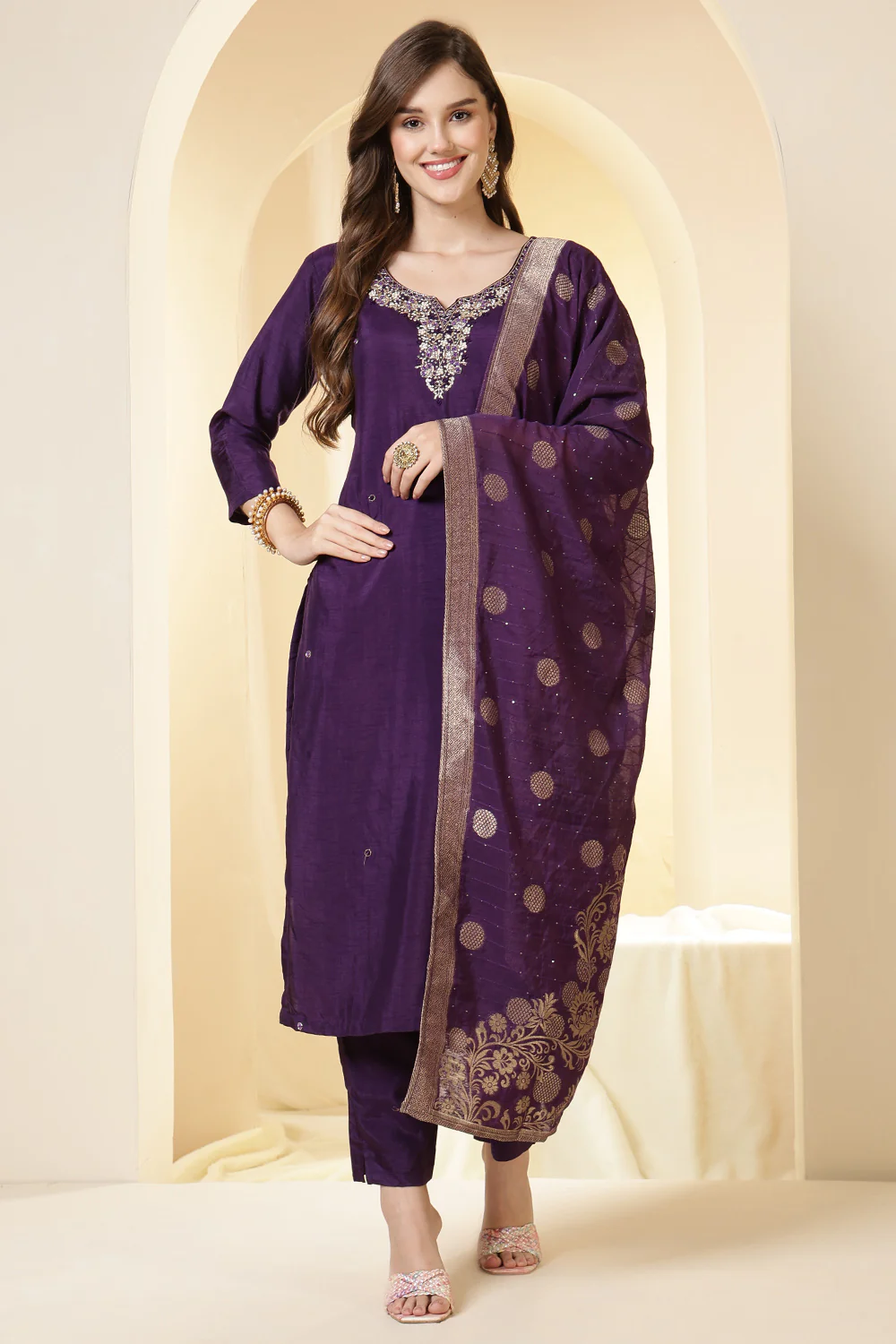 Purple Color Silk Neck Embroidered Suit Set - Image 3