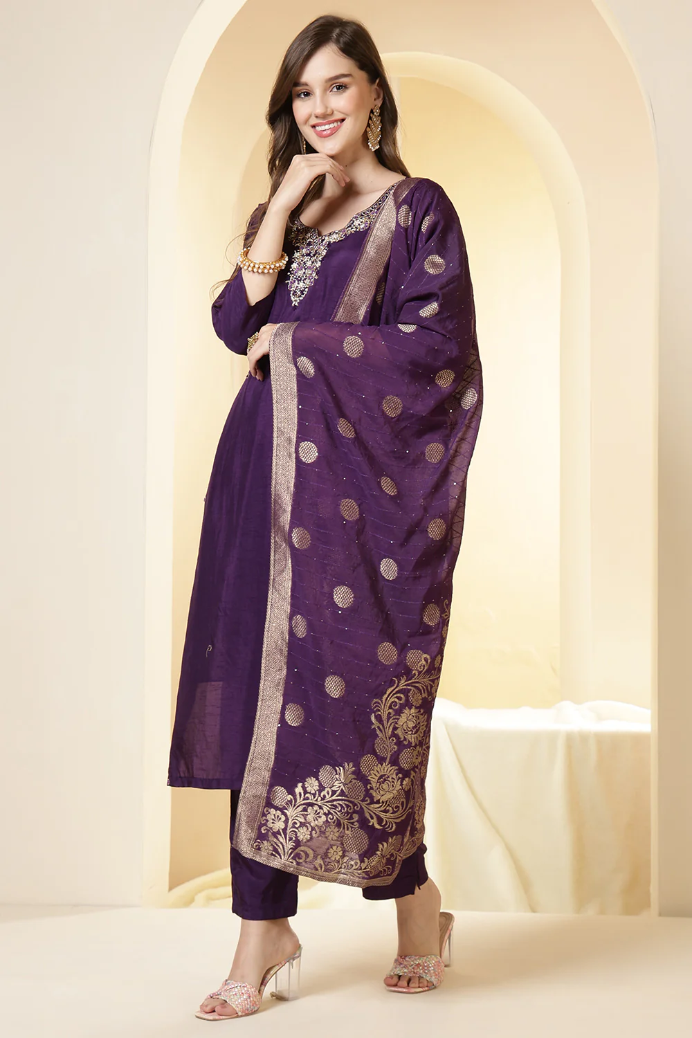 Purple Color Silk Neck Embroidered Suit Set - Image 4