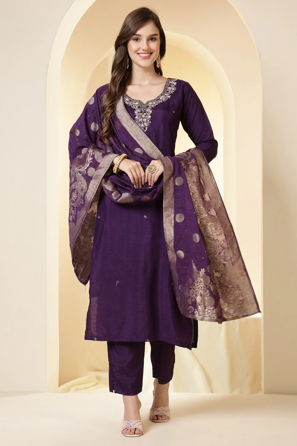 Purple Color Silk Neck Embroidered Suit Set - Image 6