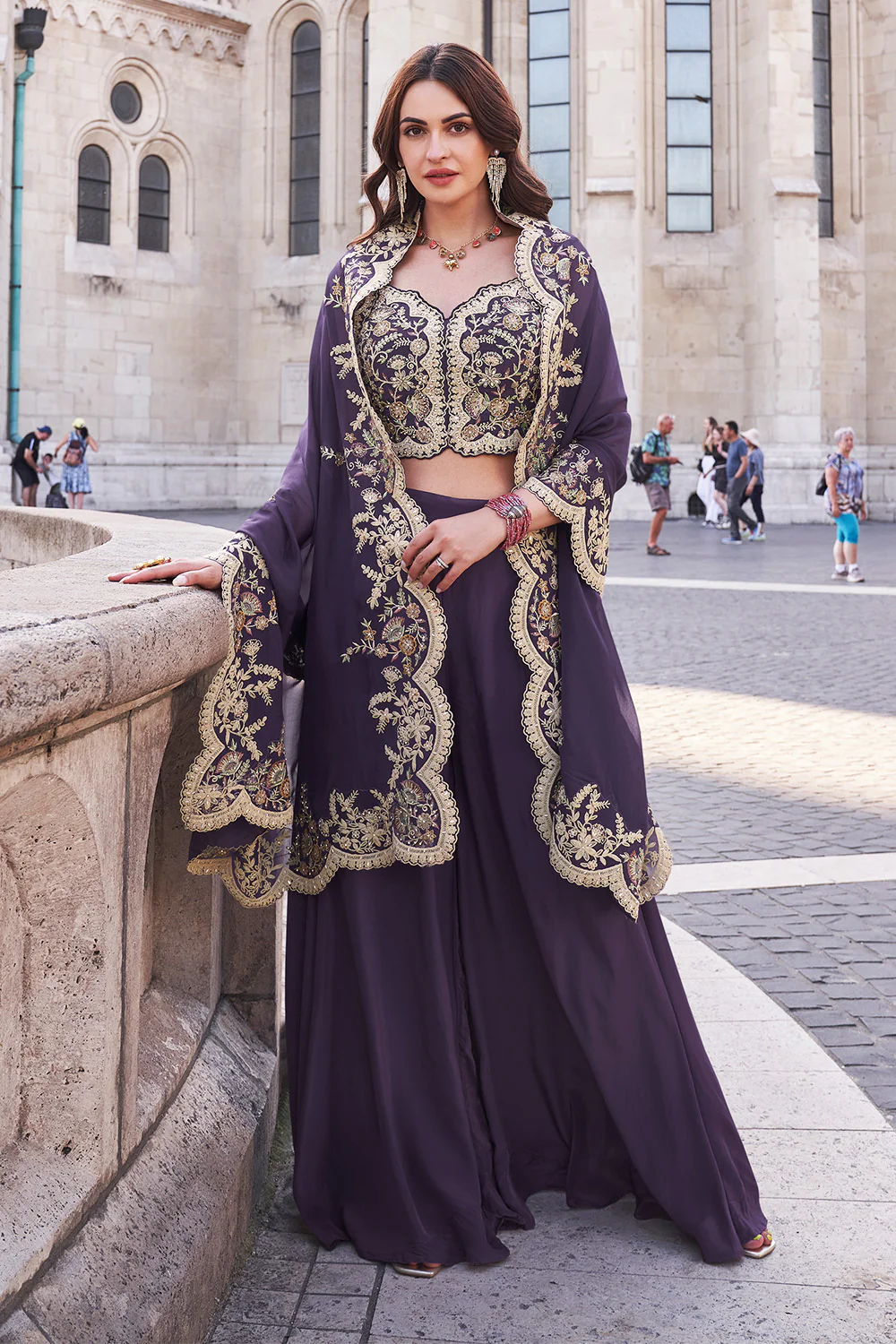Purple Crepe Silk Embroidered Crop-Top Dress With Shruge Stlye Dupatta And Palazzo - Image 3