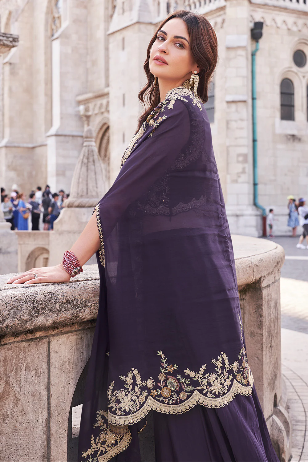 Purple Crepe Silk Embroidered Crop-Top Dress With Shruge Stlye Dupatta And Palazzo - Image 4
