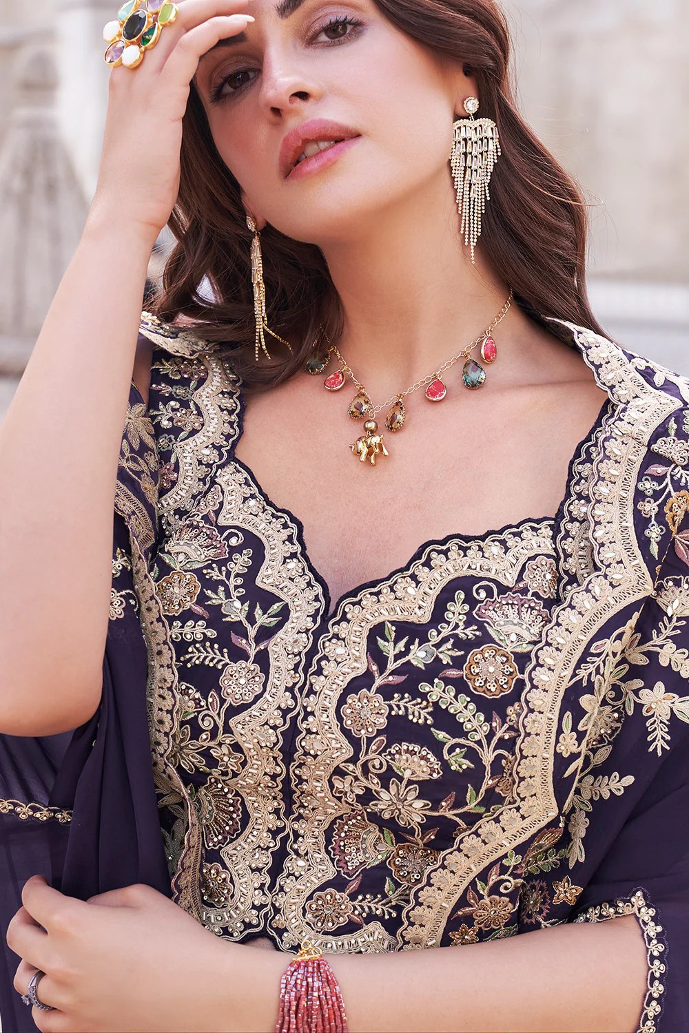 Purple Crepe Silk Embroidered Crop-Top Dress With Shruge Stlye Dupatta And Palazzo - Image 5