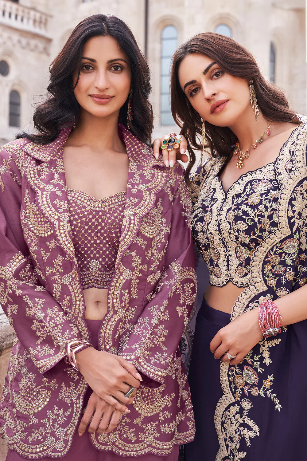 Purple Crepe Silk Embroidered Crop-Top Dress With Shruge Stlye Dupatta And Palazzo - Image 6