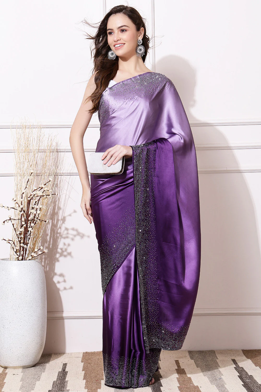 Purple & Mauve Ombre Satin Swarovski Work Saree - Image 2