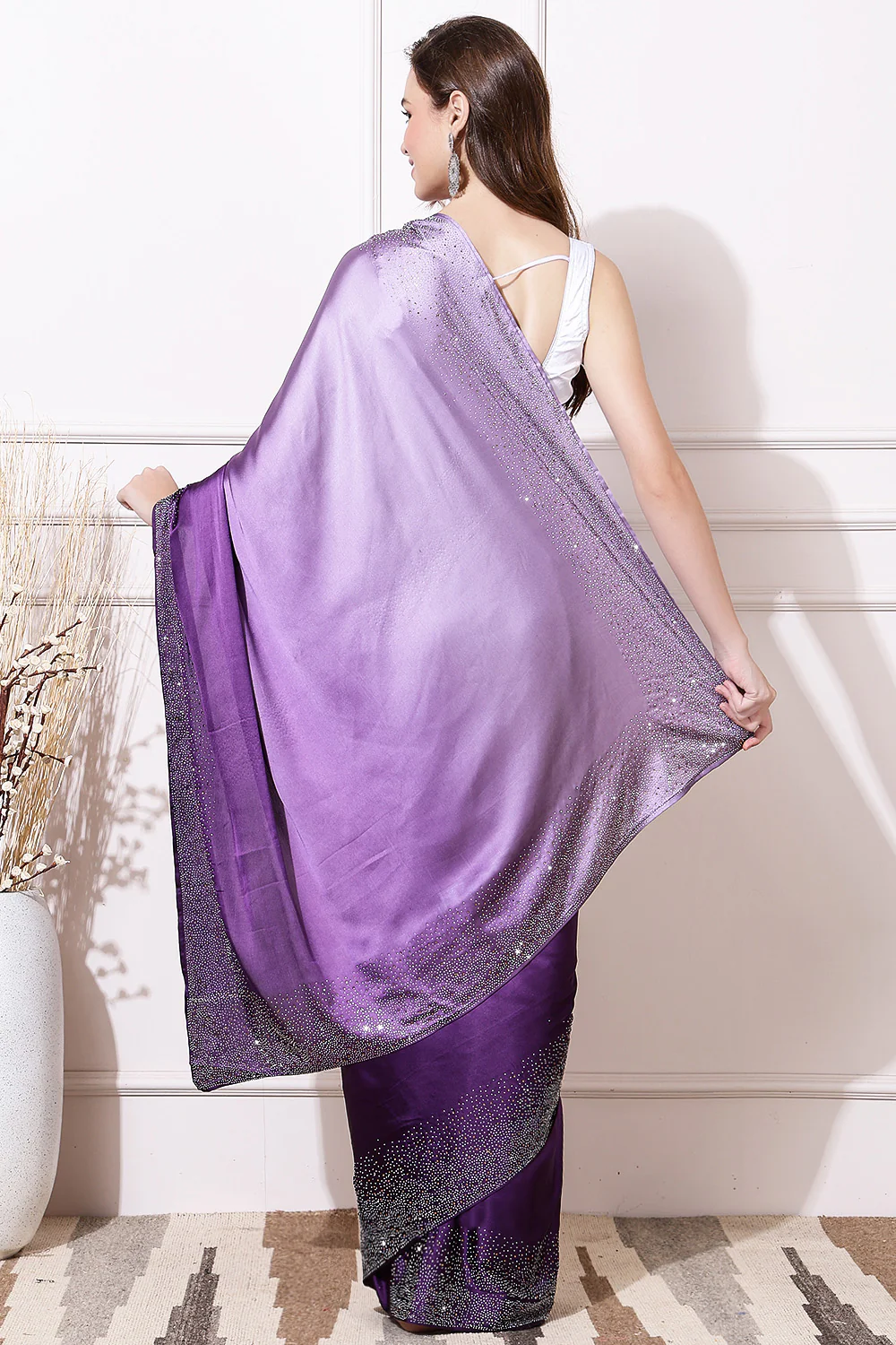 Purple & Mauve Ombre Satin Swarovski Work Saree - Image 3