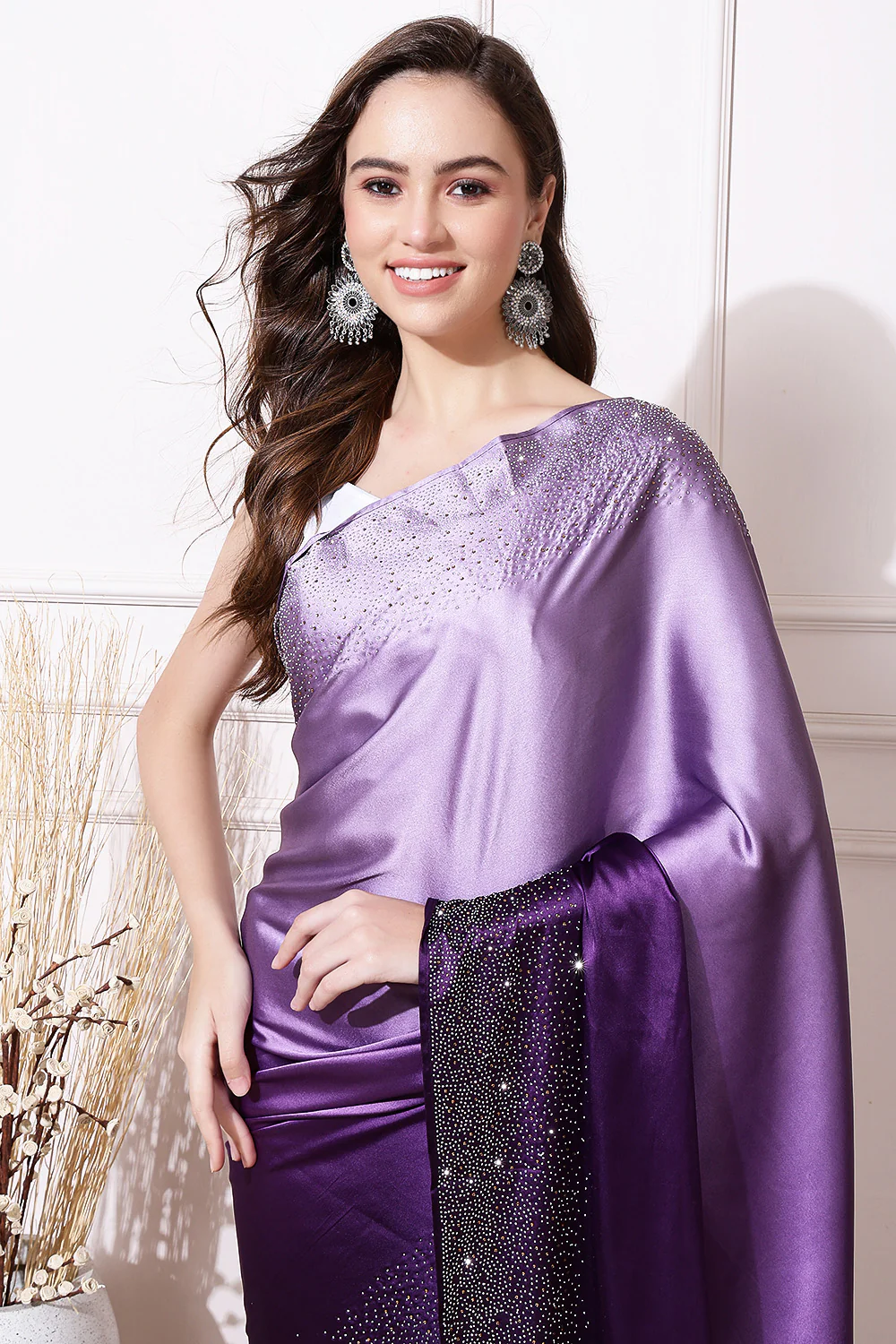 Purple & Mauve Ombre Satin Swarovski Work Saree - Image 4