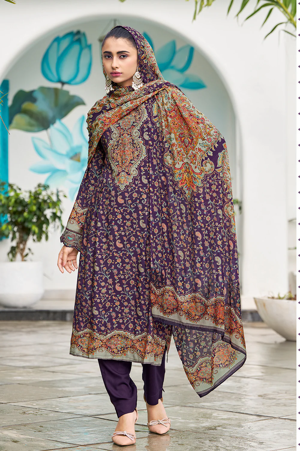 Purple Muslin Floral Printed Unstitched Suit Material - Image 2