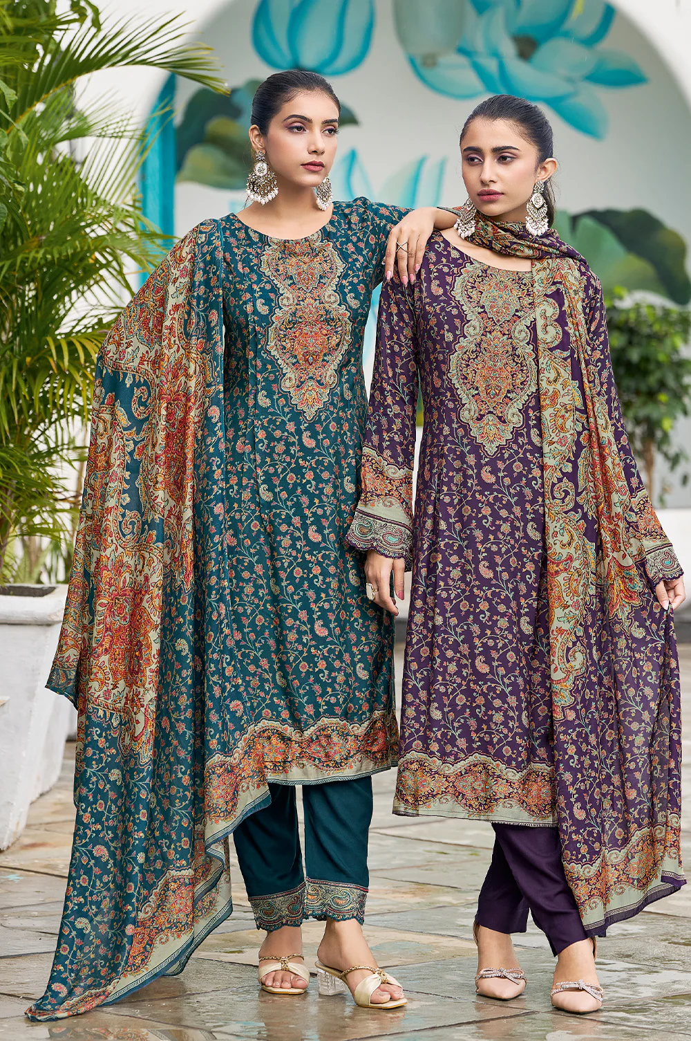 Purple Muslin Floral Printed Unstitched Suit Material - Image 3