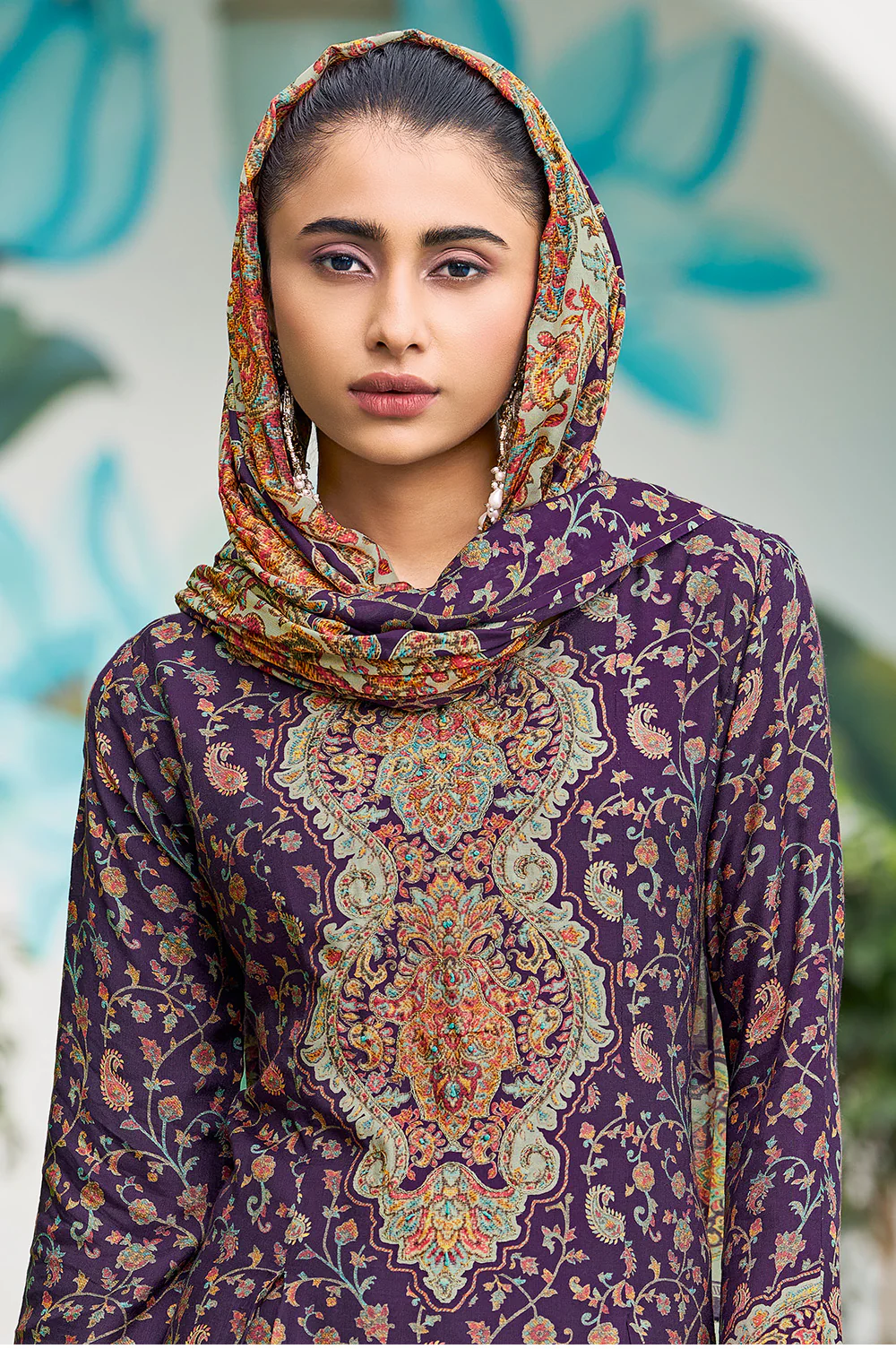 Purple Muslin Floral Printed Unstitched Suit Material - Image 5