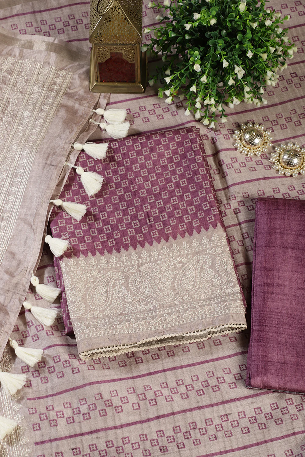 Purple Tussar Cotton Printed And Reham Embroidered Unstiched Suit Material - Image 3