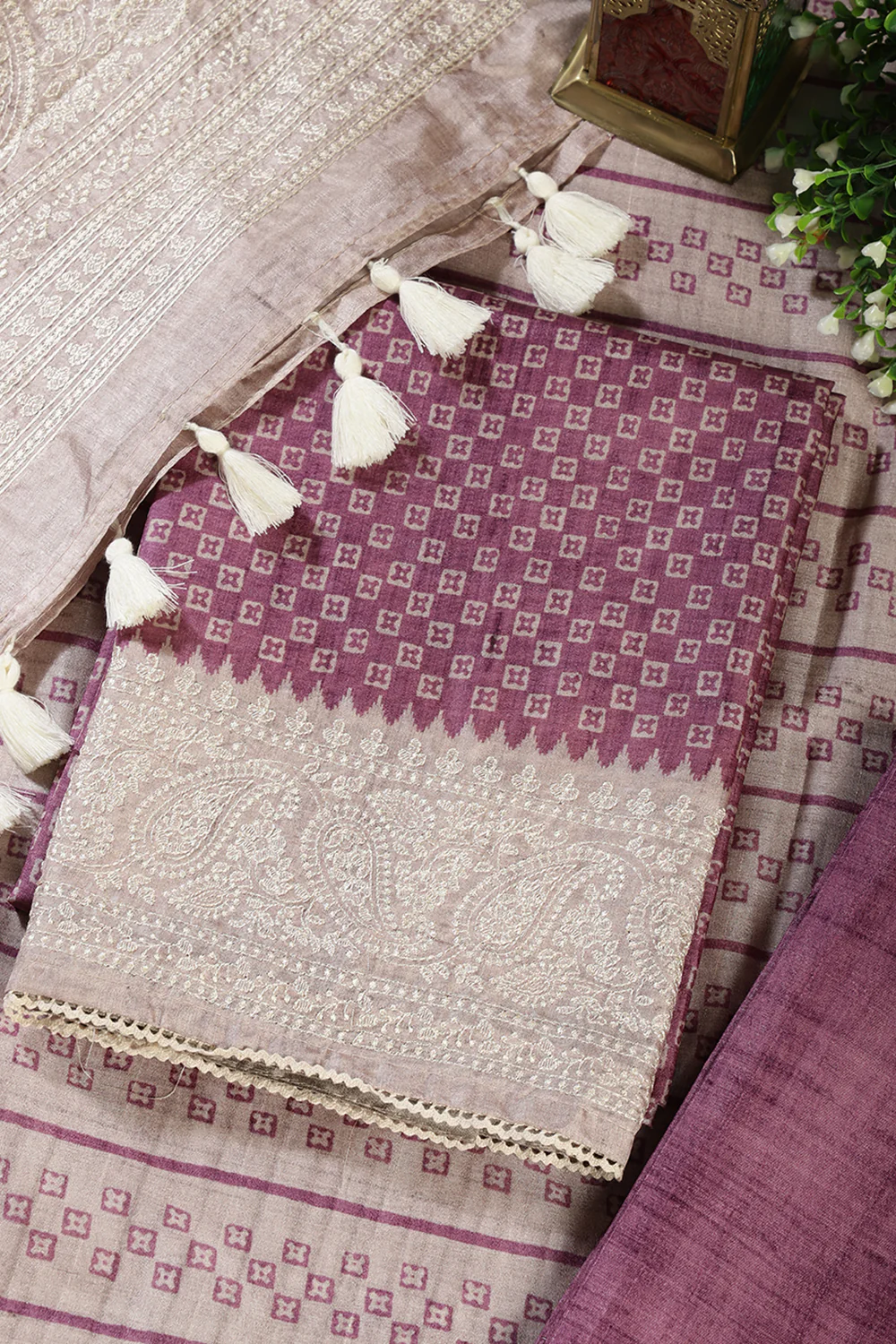 Purple Tussar Cotton Printed And Reham Embroidered Unstiched Suit Material - Image 4
