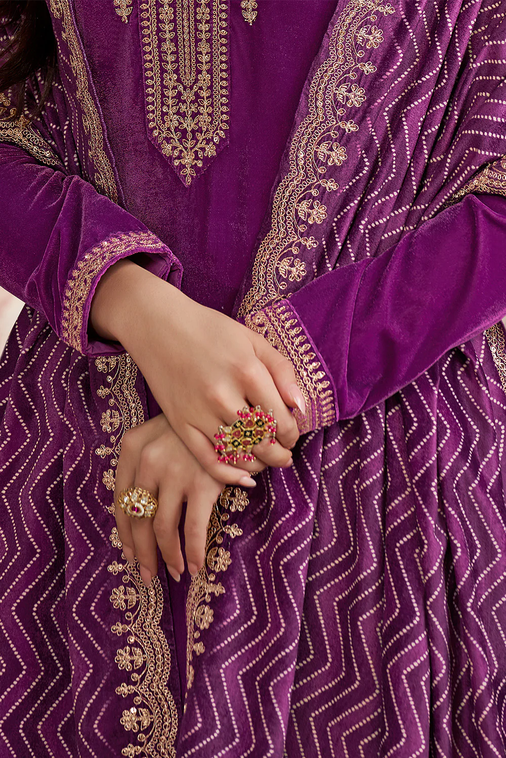 Purple Velvet Sequins and Zari Embroidered Unstitched Suit Fabric - Image 2