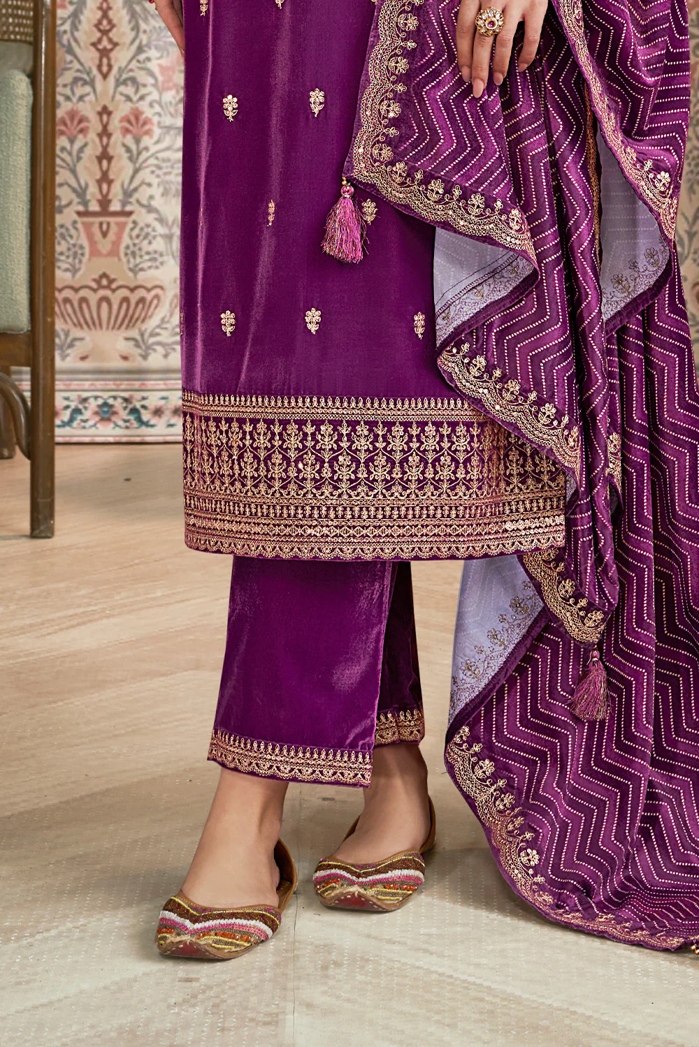 Purple Velvet Sequins and Zari Embroidered Unstitched Suit Fabric - Image 3