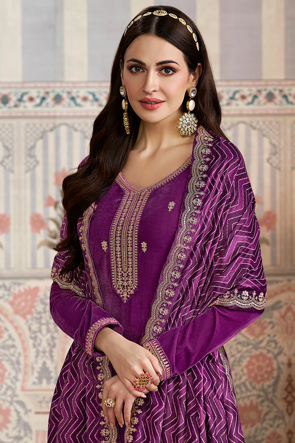 Purple Velvet Sequins and Zari Embroidered Unstitched Suit Fabric - Image 4