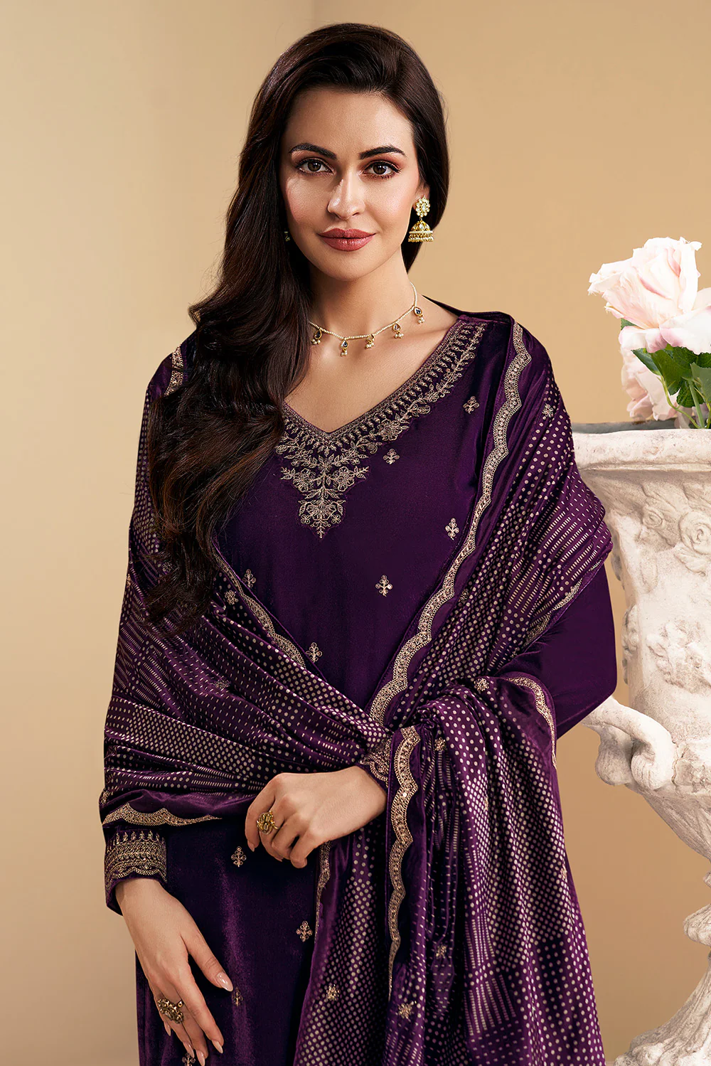 Purple Velvet Zari and Sequins Embroidered Unstitched Suit Fabric - Image 3