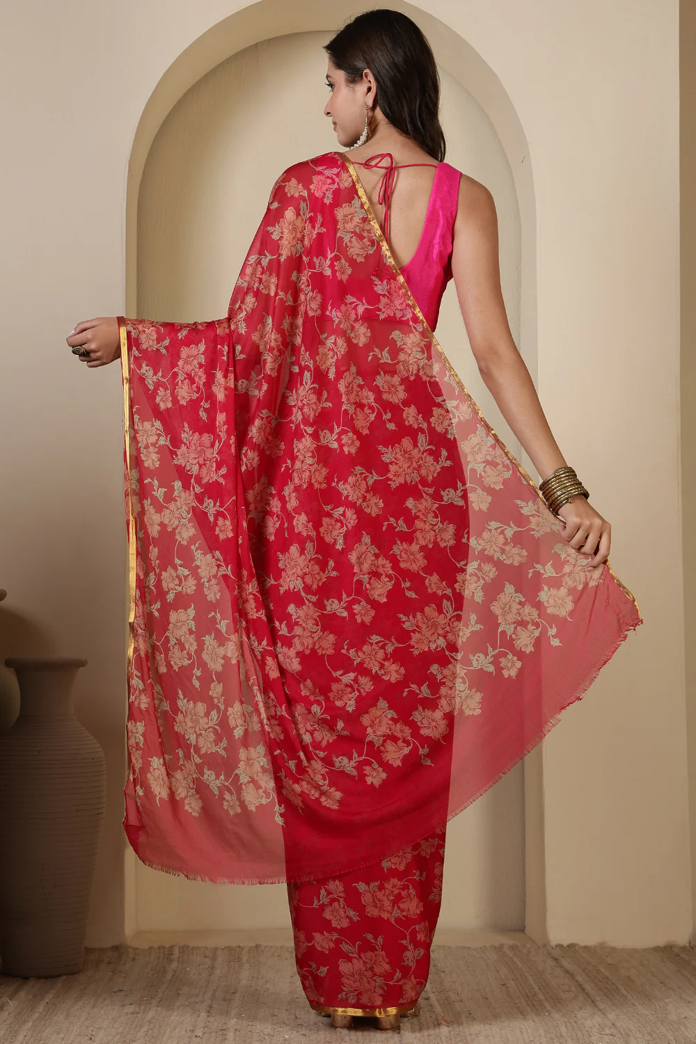 Rani Chiffon Floral Zari Border & Floral Printed Saree - Image 3