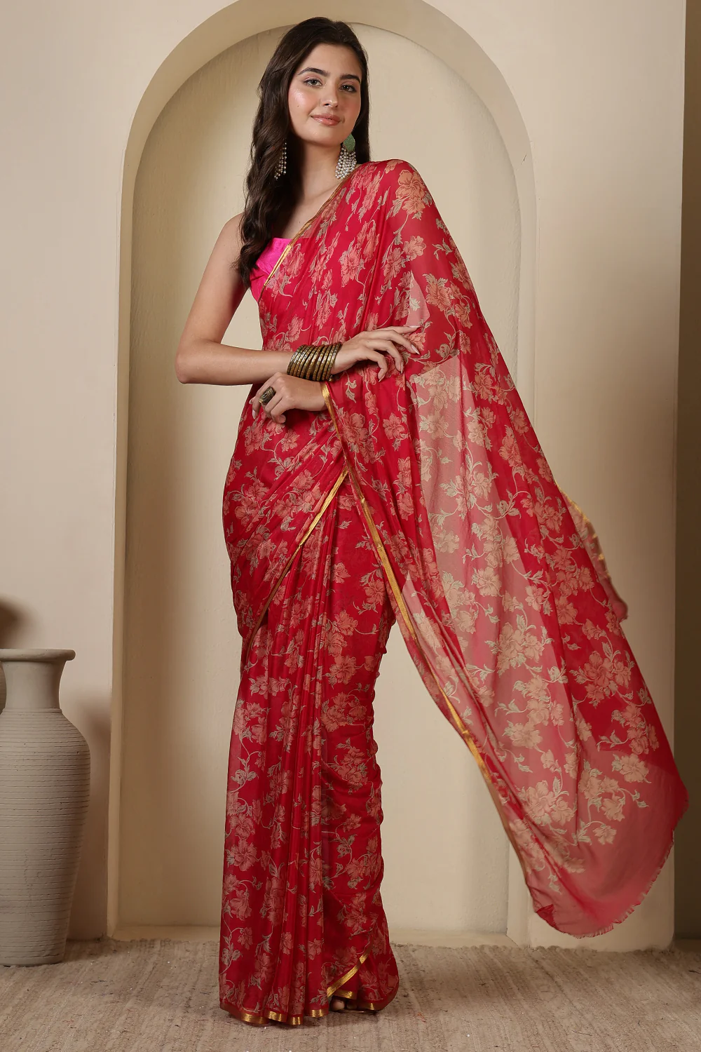 Rani Chiffon Floral Zari Border & Floral Printed Saree - Image 4