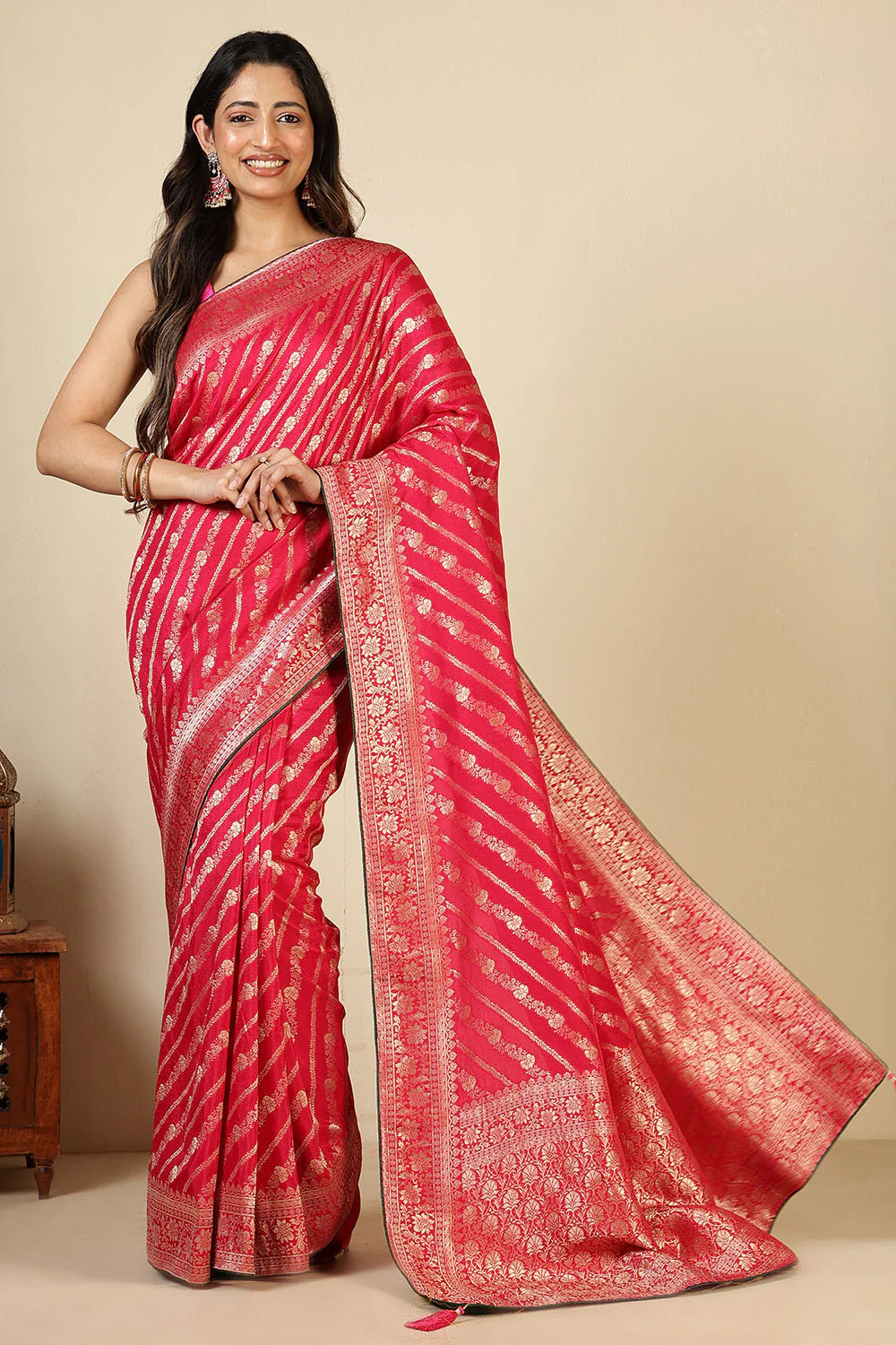 Rani Color Banarasi Woven Tussar Silk Saree - Image 2