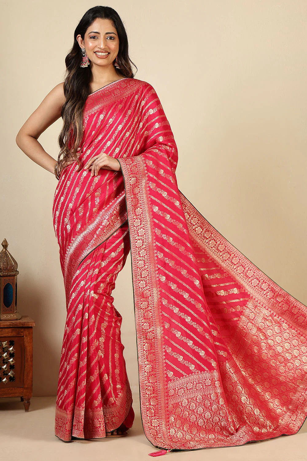 Rani Color Banarasi Woven Tussar Silk Saree - Image 4