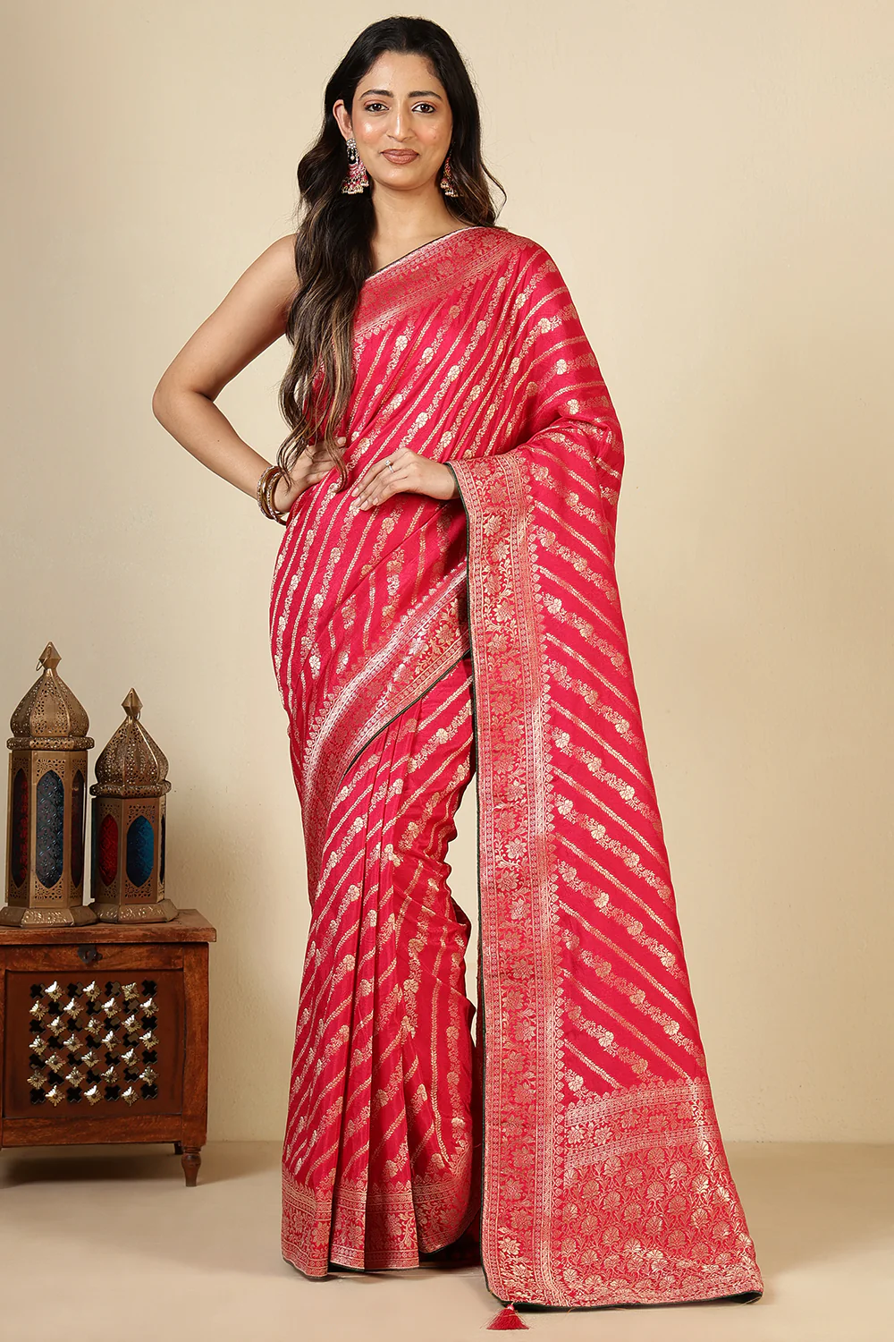 Rani Color Banarasi Woven Tussar Silk Saree - Image 5