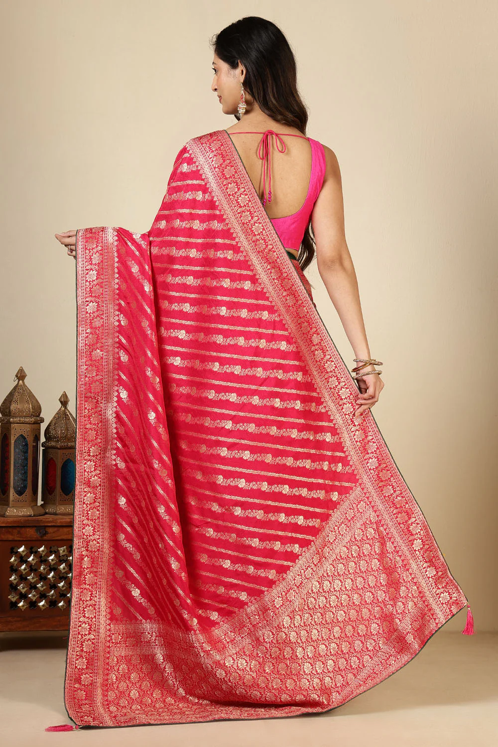 Rani Color Banarasi Woven Tussar Silk Saree - Image 6