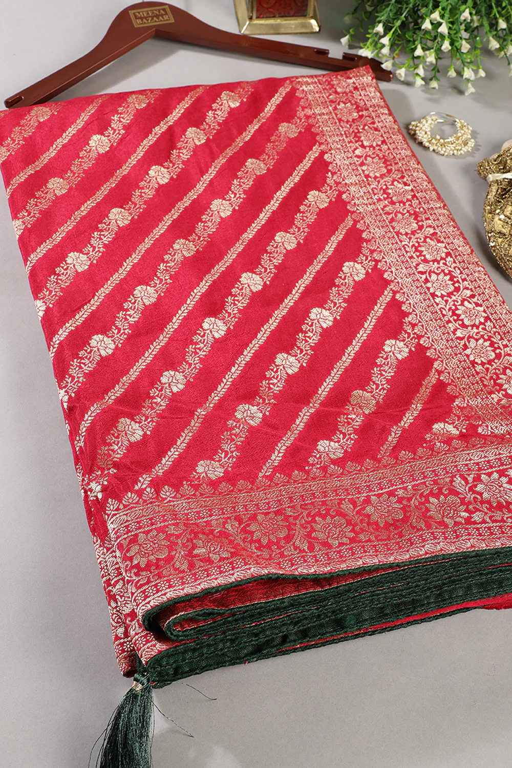 Rani Color Banarasi Woven Tussar Silk Saree - Image 7