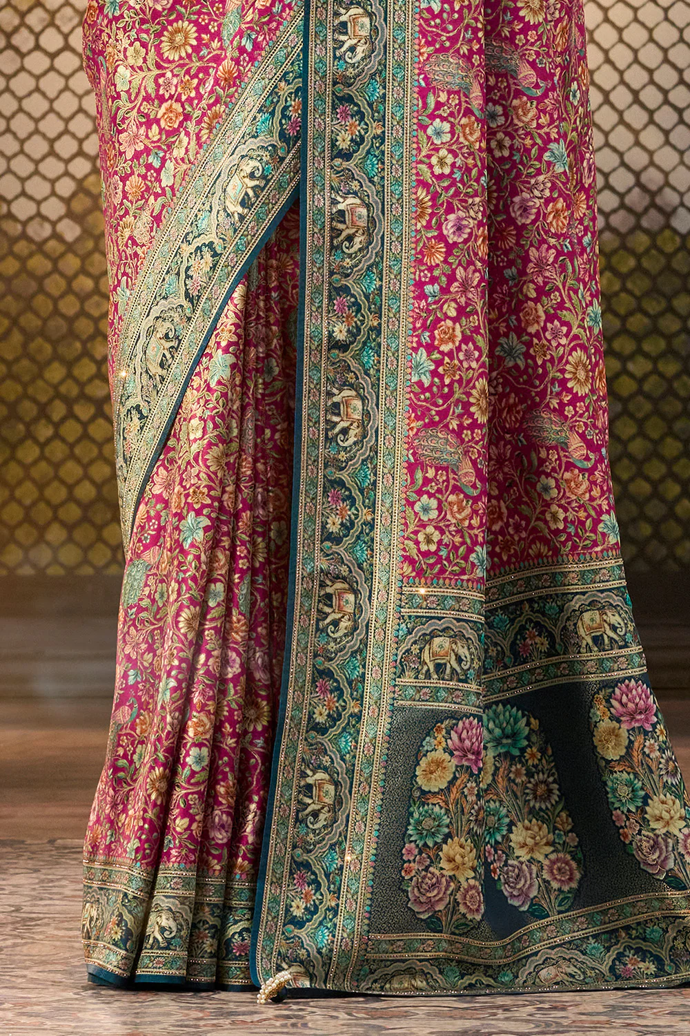 Rani Color Position Print Woven Silk Saree With Swarovski Work - Image 3