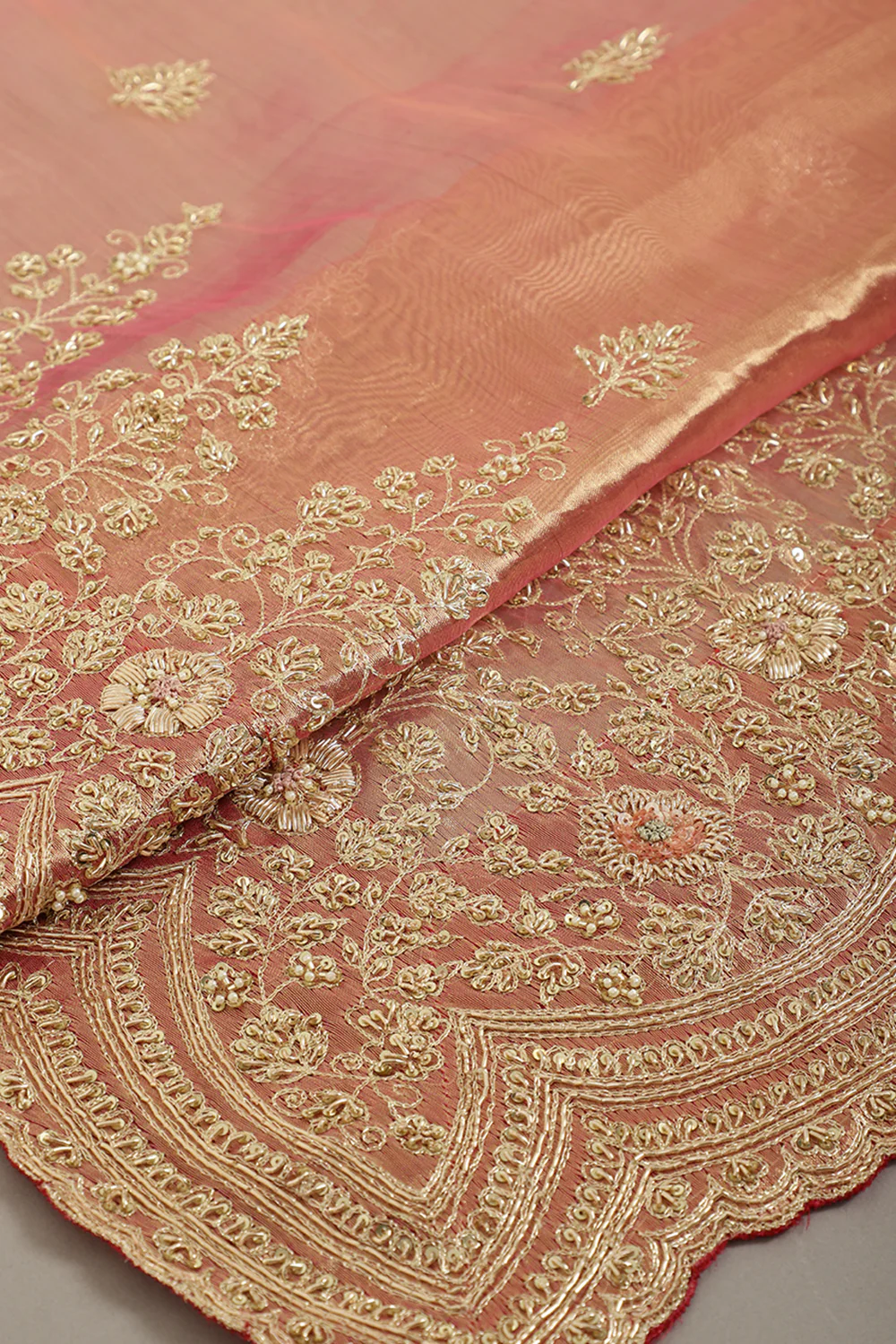 Rani Color Pure Tissue Silk Zardozi & Sequence Handwork Saree with Scalping Border - Image 3