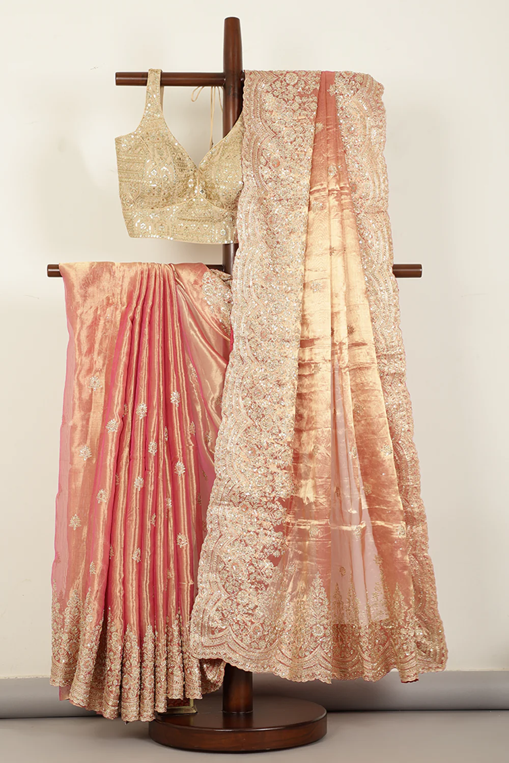 Rani Color Pure Tissue Silk Zardozi & Sequence Handwork Saree with Scalping Border - Image 4