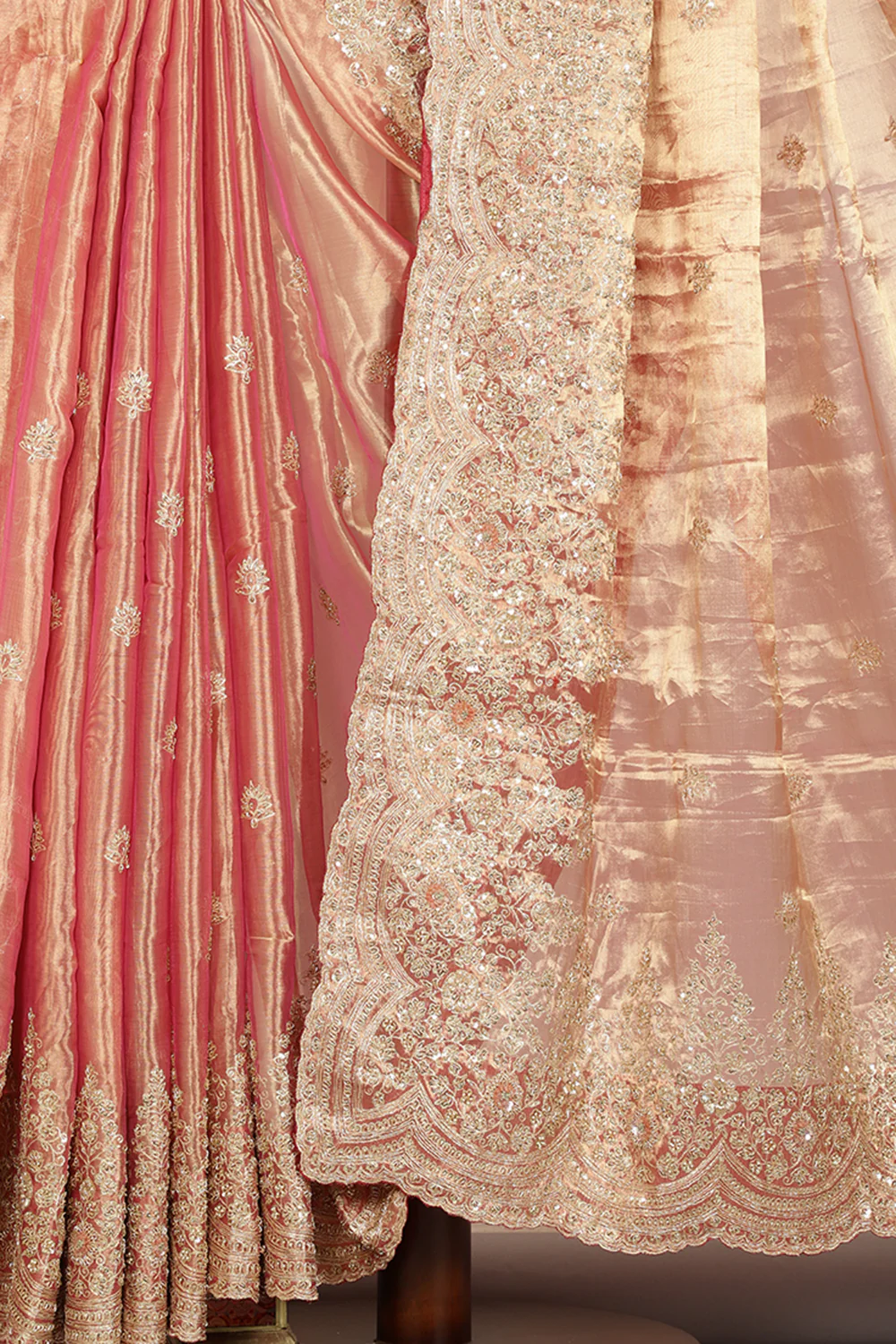 Rani Color Pure Tissue Silk Zardozi & Sequence Handwork Saree with Scalping Border - Image 6